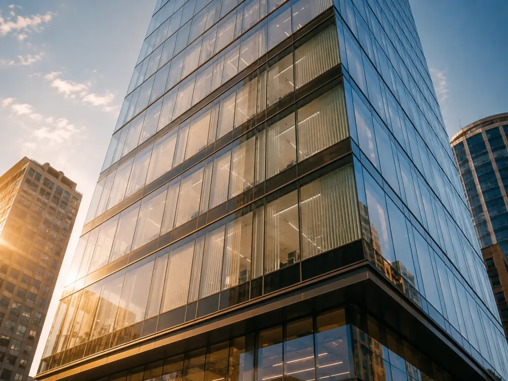 Exterior view of a modern glass skyscraper façade with sunlight, where premium custom vertical blinds for windows are visible from the outside across multiple stories, highlighting large-scale architectural integration and UV protection.