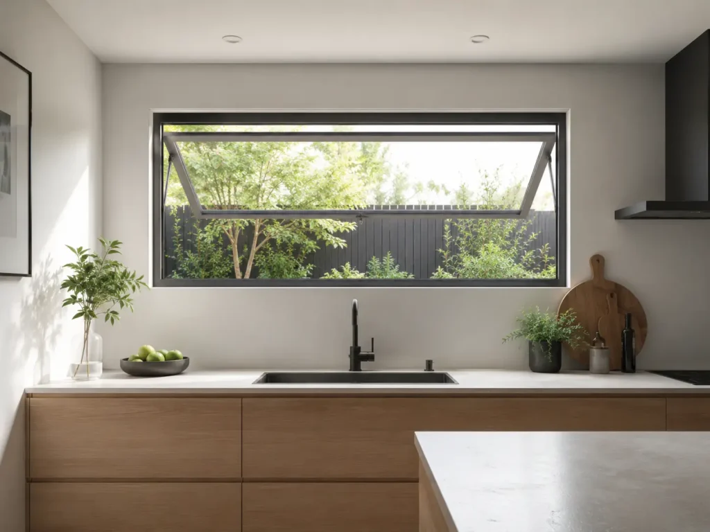 A modern kitchen with a large, black-framed awning window open above the sink, overlooking a garden and black fence.