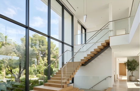 A dramatic two-story staircase in a modern luxury home featuring a massive, fixed structural window wall overlooking a tropical garden.