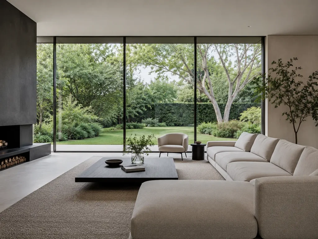 Floor-to-ceiling glass sliding doors in a modern luxury living room, dissolving the boundaries between indoor and a lush green garden.