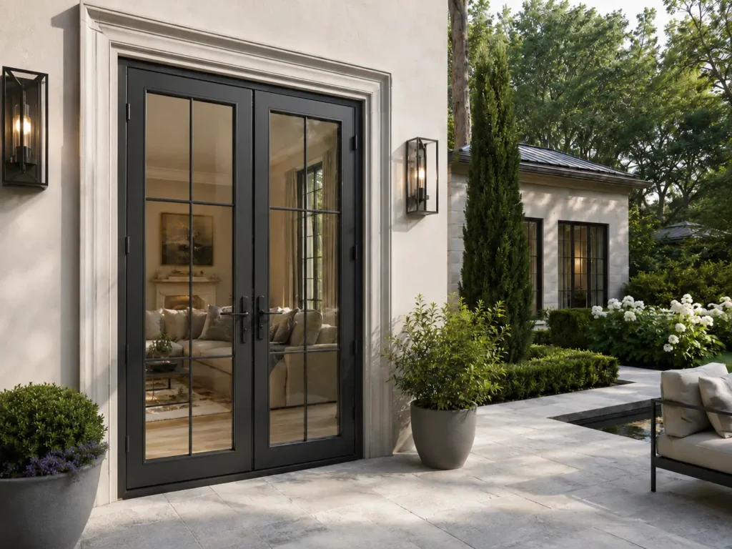 Black aluminum exterior french doors with a classic grid design installed on a luxury patio, showcasing premium weather-resistant frames and secure hardware.