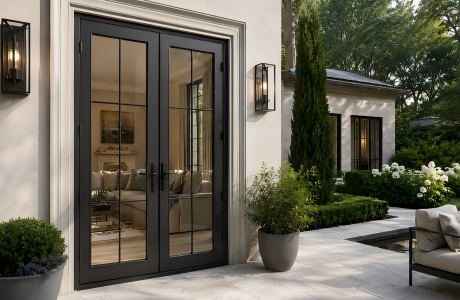 Black aluminum exterior french doors with a classic grid design installed on a luxury patio, showcasing premium weather-resistant frames and secure hardware.