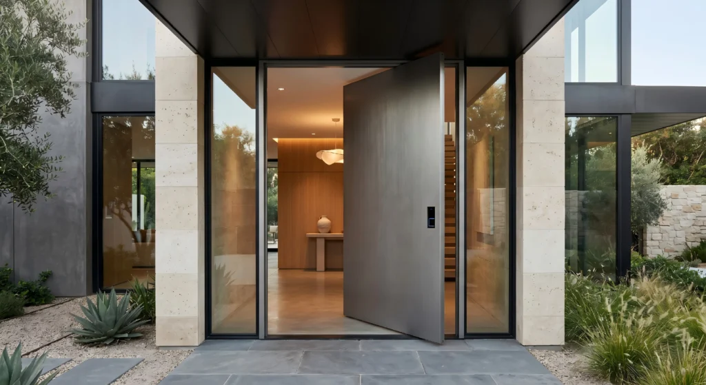 A modern high-tech villa entrance featuring a large brushed metal pivot door equipped with an integrated smart lock system, set against elegant travertine stone walls and floor-to-ceiling glass.