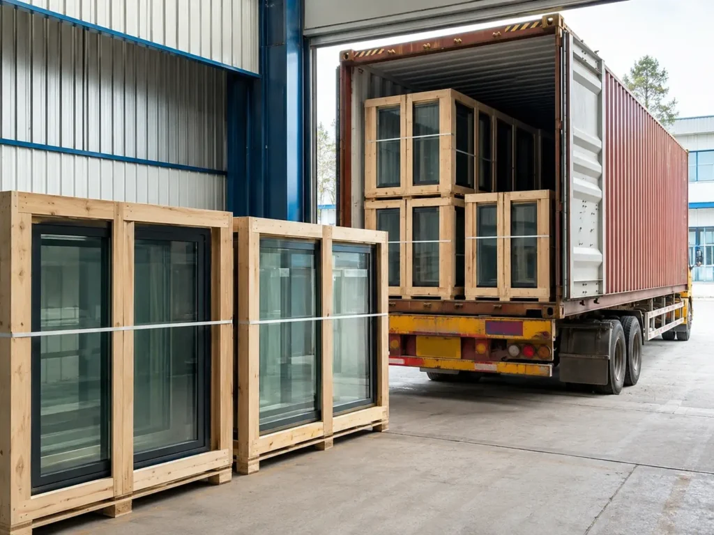 export-packaging.jpg Export-ready window units packed in wooden crates for container shipping and bulk procurement