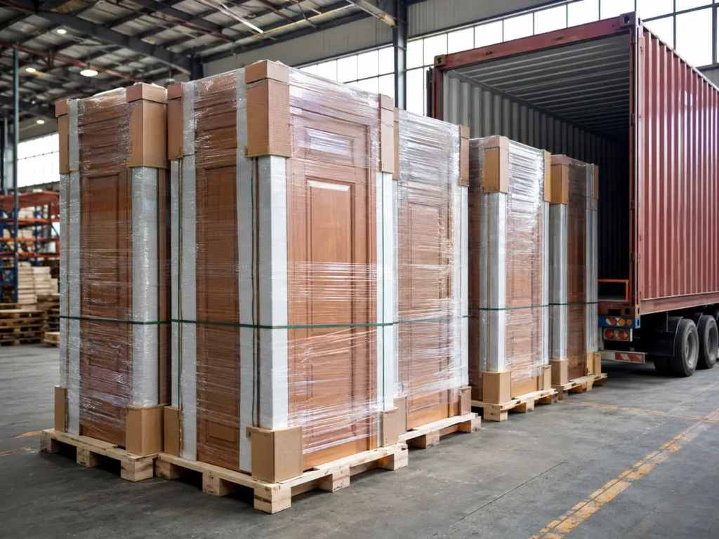 Bulk wooden doors wrapped with protective packaging and prepared for container loading in a logistics warehouse.