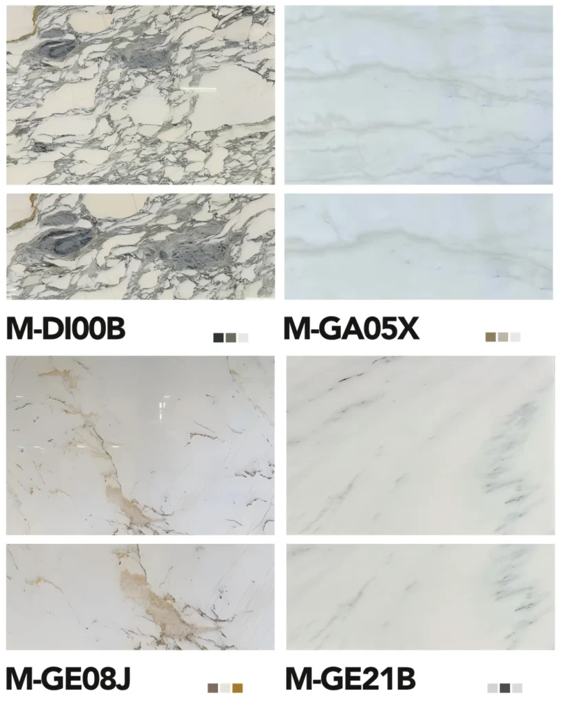 High-end white marble slabs including model M-DI00B with distinctive grey and warm gold veining, perfect for quiet luxury interior design and bespoke bathroom vanities.