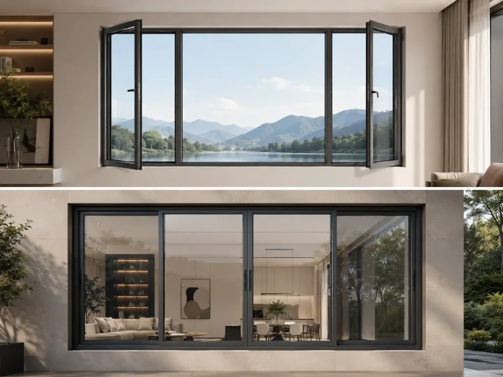 Side-by-side comparison of modern black frame casement vs sliding windows in luxury homes.