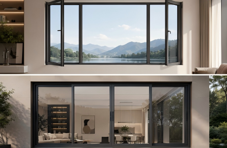Side-by-side comparison of modern black frame casement vs sliding windows in luxury homes.