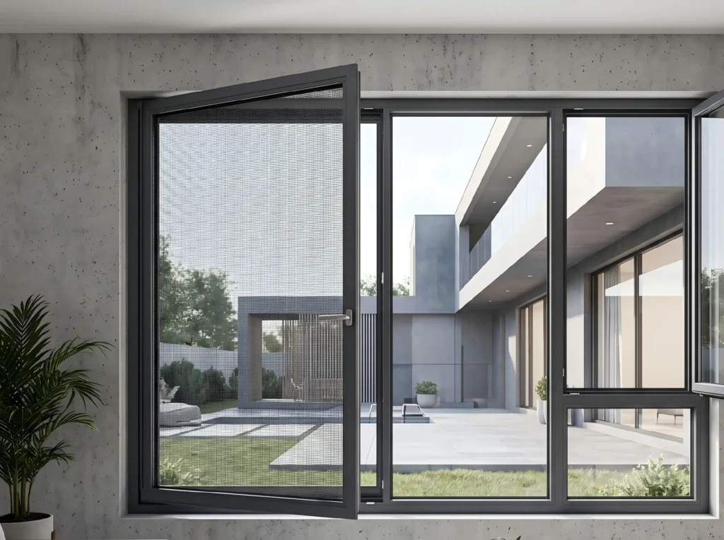 Premium casement window with a built-in screen installed in a modern luxury villa, showcasing seamless design and integrated pest protection for 2026 home upgrades.