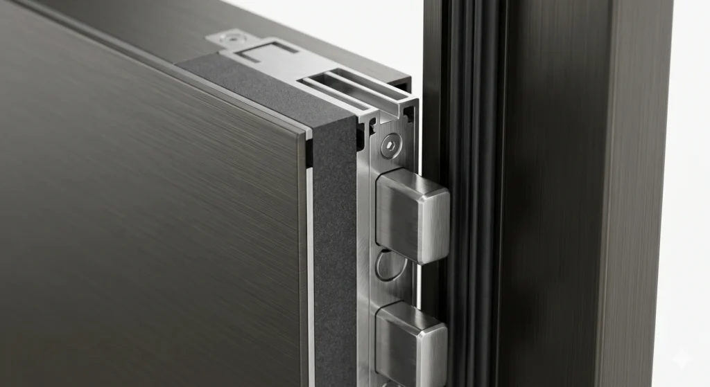 Close-up of a heavy-duty multi-point locking system and thermal break profile on a premium cast aluminum system door by George Homes.