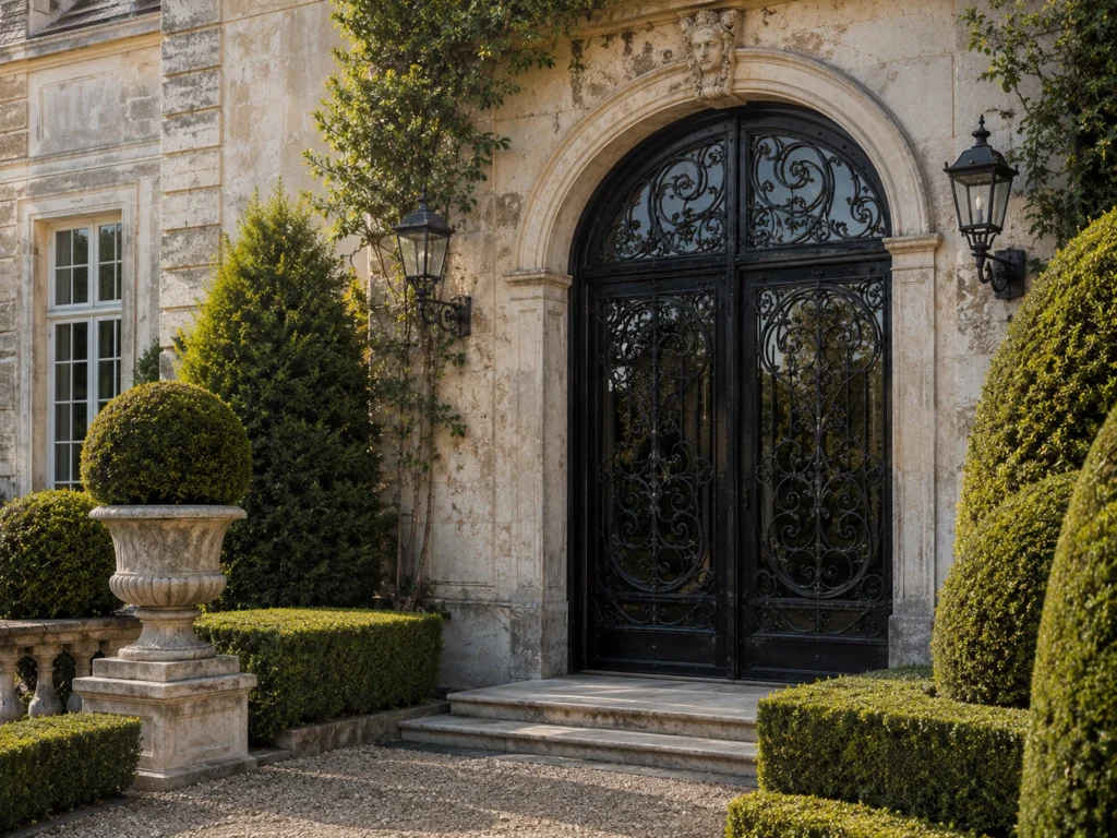 Hand-forged arched wrought iron entry door on a classic European stone estate, highlighting intricate artisanal scrolling and unparalleled security.