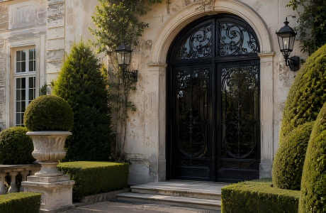 Hand-forged arched wrought iron entry door on a classic European stone estate, highlighting intricate artisanal scrolling and unparalleled security.