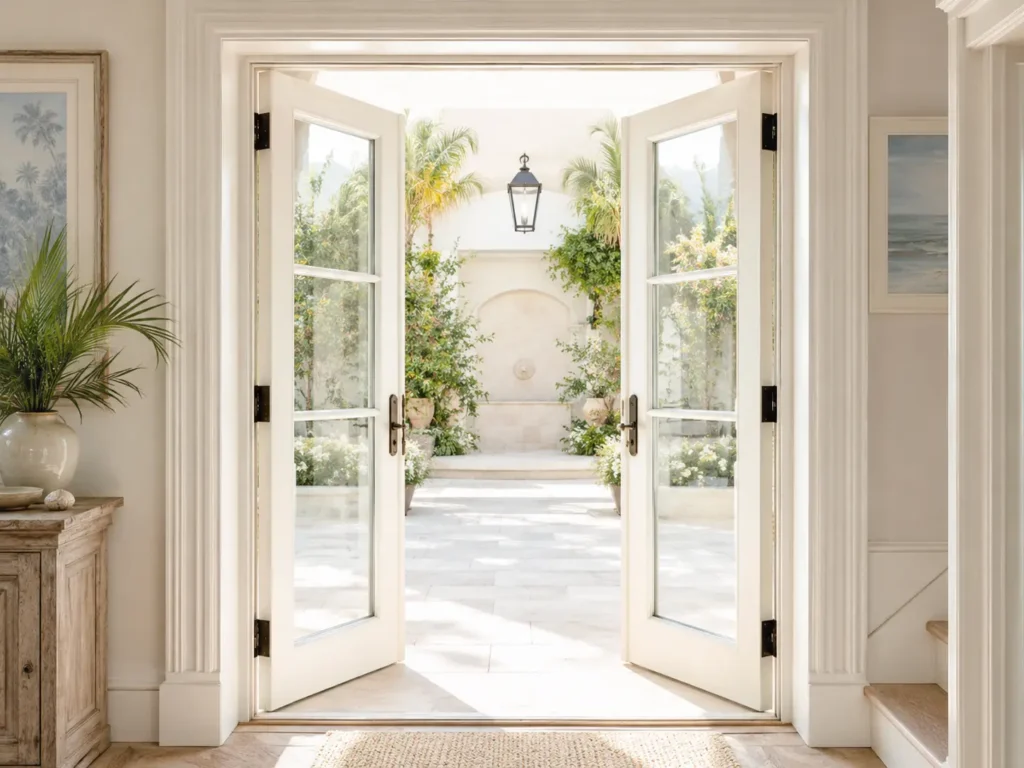Elegant white French double front doors opening outward to a sunlit luxury residential courtyard.