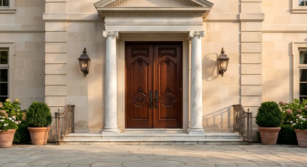 Grand solid wood double entry doors setting a quiet luxury aesthetic for a high-end residential estate.