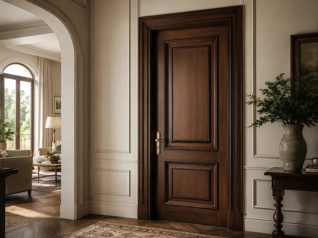 Classic wooden panel door with raised panels in a luxury residential interior