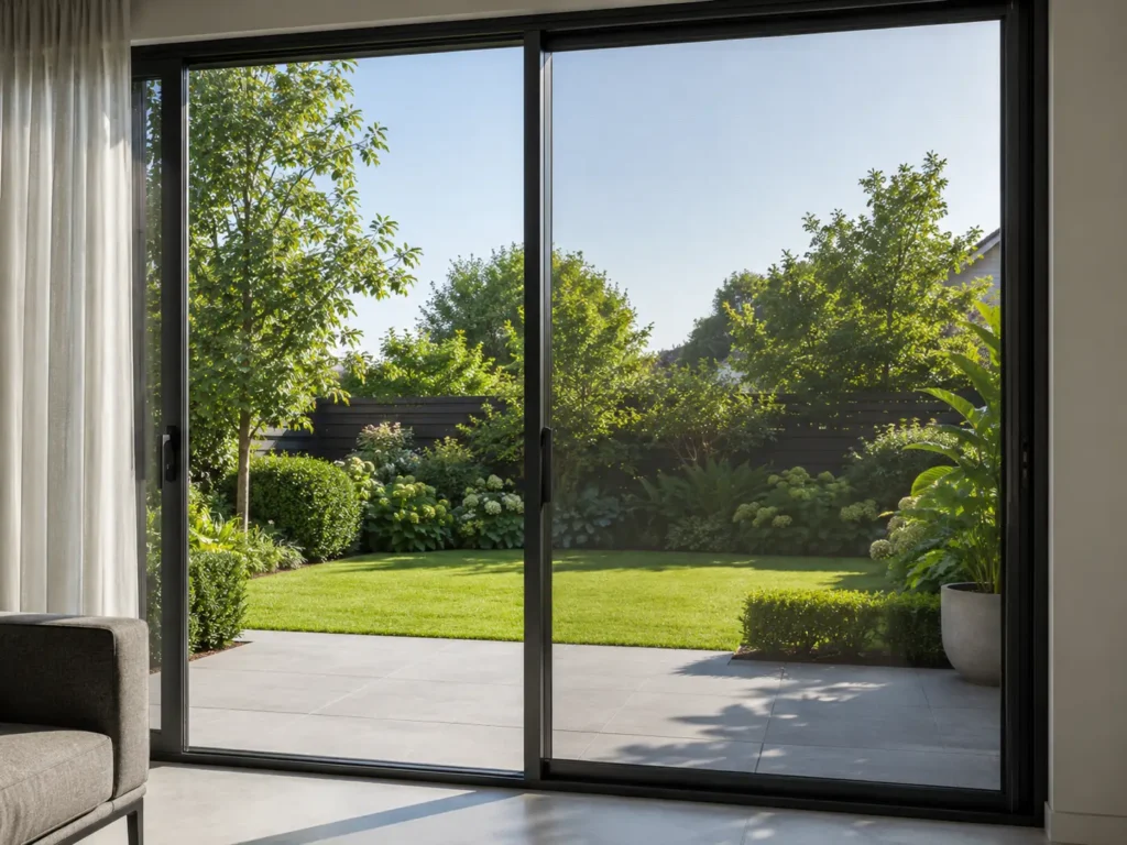 Close-up view from a living room interior looking through a fully drawn black-framed sliding mosquito net for windows onto a tiled patio and well-kept garden on a sunny day.