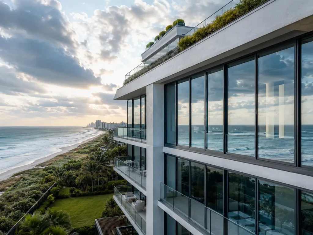 Contemporary coastal building with hurricane impact windows and durable aluminum frames facing the ocean