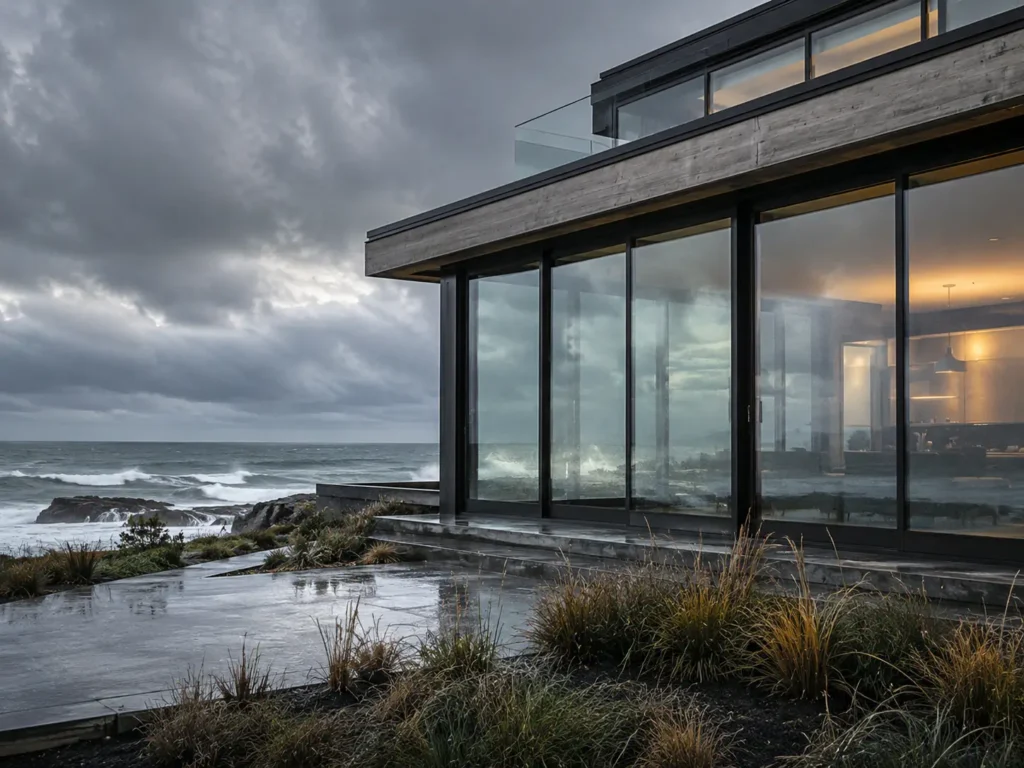 Coastal modern home with large impact-resistant slim-frame windows facing stormy ocean weather.