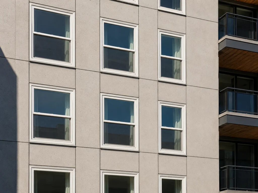 Modern commercial building facade featuring uniform standard size double hung vinyl windows for high performance fenestration.