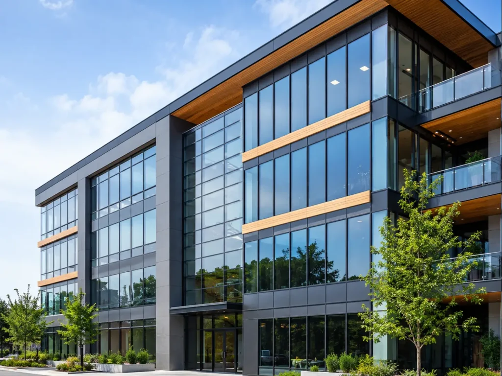 Modern commercial building facade with large thermal break aluminum windows for US construction projects