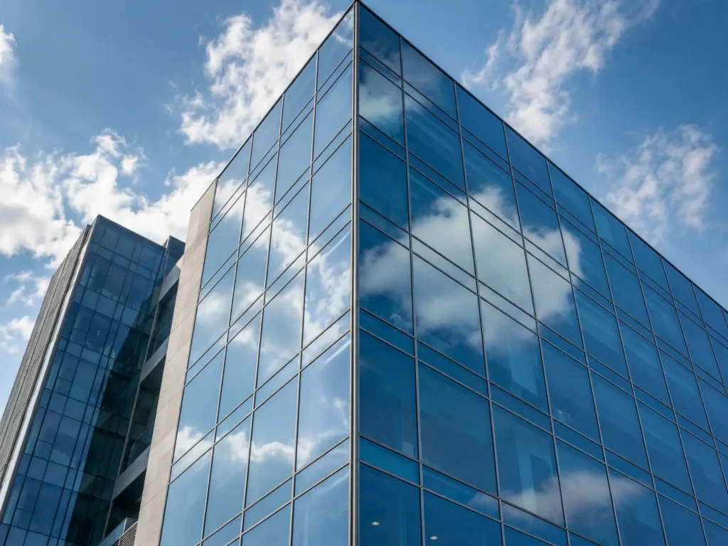 High-rise commercial building facade utilizing durable thermal break aluminum windows for maximum energy efficiency and structural strength.