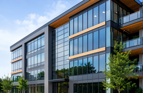 Modern commercial building facade with large thermal break aluminum windows for US construction projects
