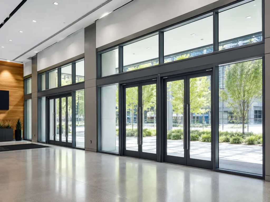 Modern commercial entrance featuring heavy-duty glass double doors and large rectangular transom windows, maximizing natural light in a corporate lobby project.