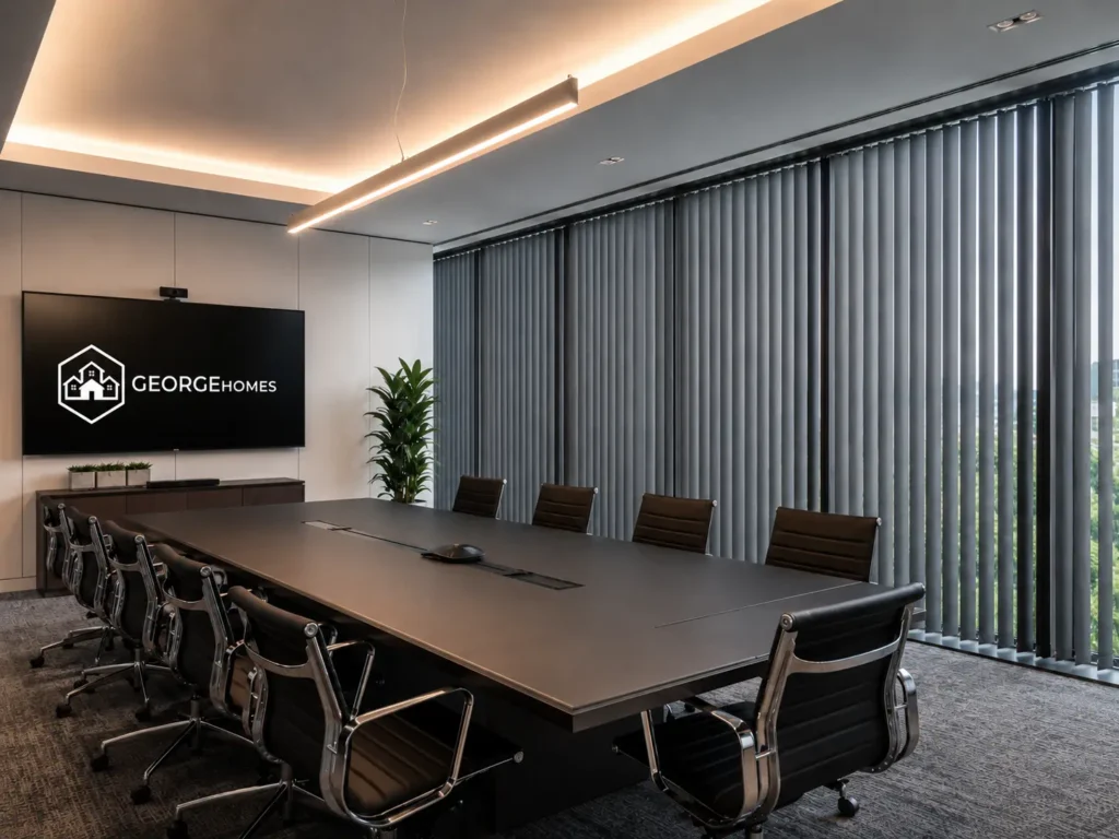 Sleek dark grey custom size vertical blinds in a corporate conference room with a large screen displaying the 'GEORGEHOMES' logo, demonstrating light control and privacy for commercial window procurement.