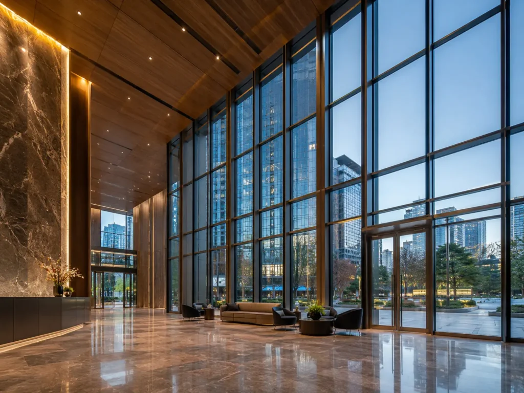 High-end commercial lobby with full-height glass curtain wall, metal framing, polished marble floor, and city skyline view.