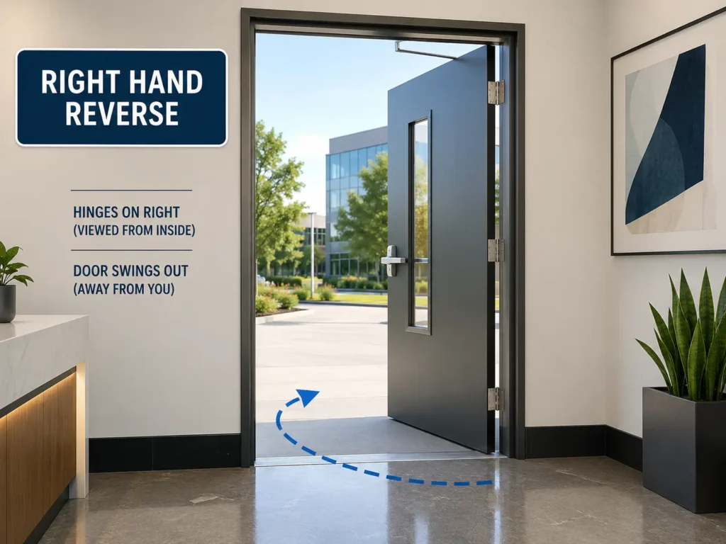 A heavy-duty dark metal commercial right hand reverse door swinging outward, required for building code egress and safety compliance.