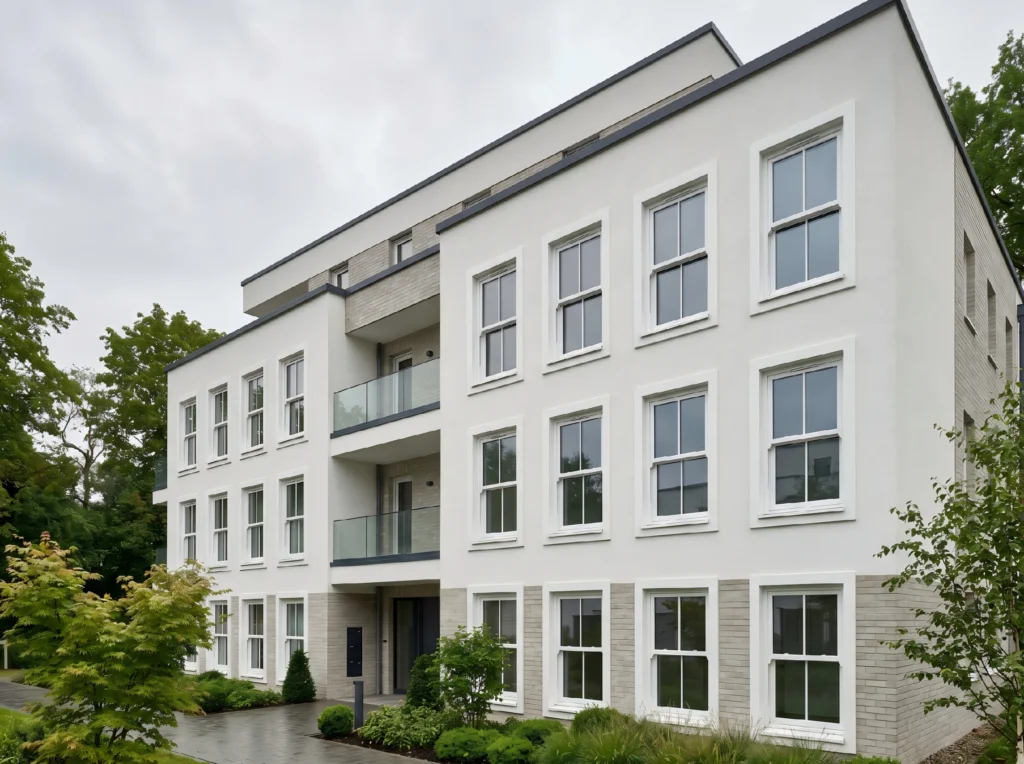 Cost-effective commercial vinyl windows supplied for a multi-story residential development, demonstrating highly economical wholesale procurement.
