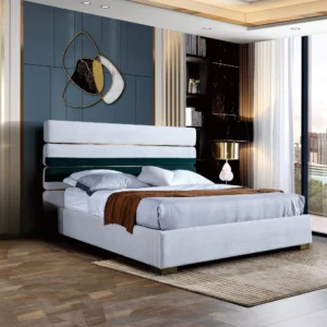 Contemporary king bed featuring white and green horizontal tufted headboard.