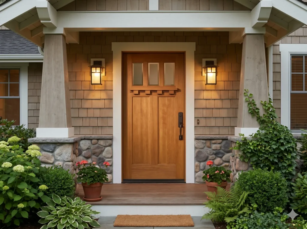 Traditional craftsman style solid wood front door with glass panes and a dentil shelf on a residential porch.