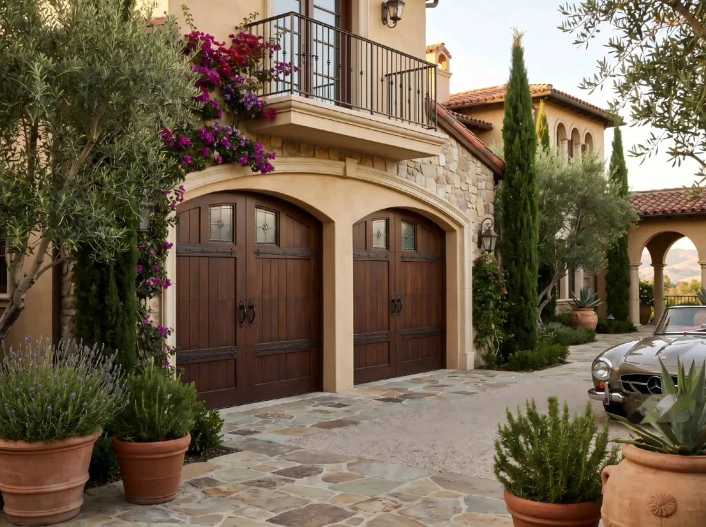 Premium Mediterranean style insulated carriage house garage doors supplied by George Homes solutions.