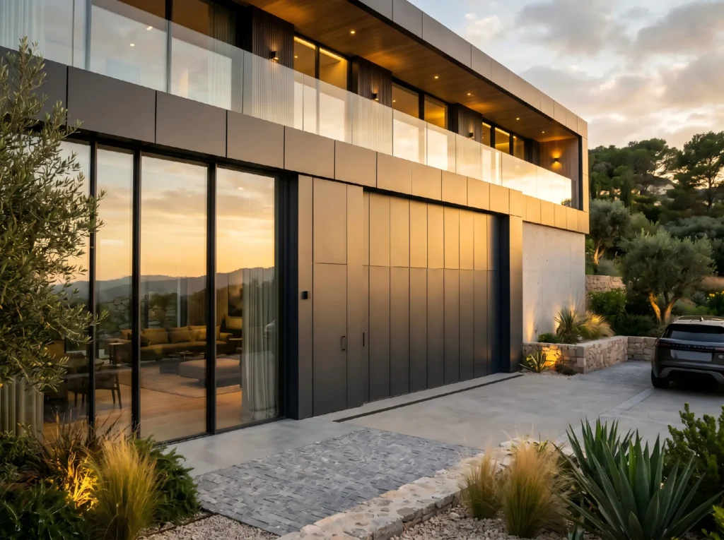 Minimalist high-performance insulated garage door seamlessly integrated into a modern luxury villa facade by George Homes.