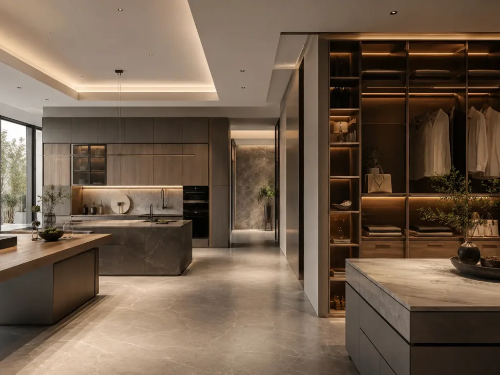 High-end custom kitchen cabinetry and integrated wardrobe lighting, showcasing premium building materials sourced from Foshan, China.