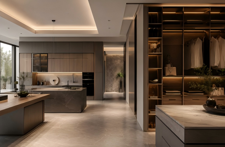 High-end custom kitchen cabinetry and integrated wardrobe lighting, showcasing premium building materials sourced from Foshan, China.