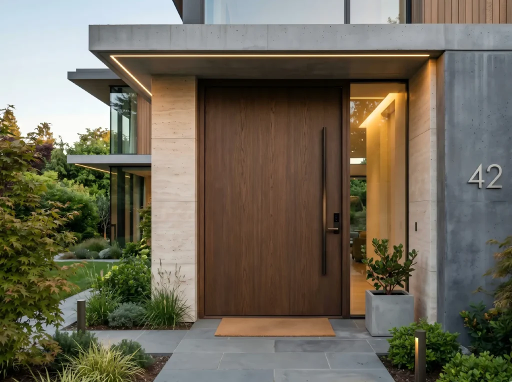 Custom solid wood entry door for a luxury villa, featuring modern hardware and a premium finish by George Homes.