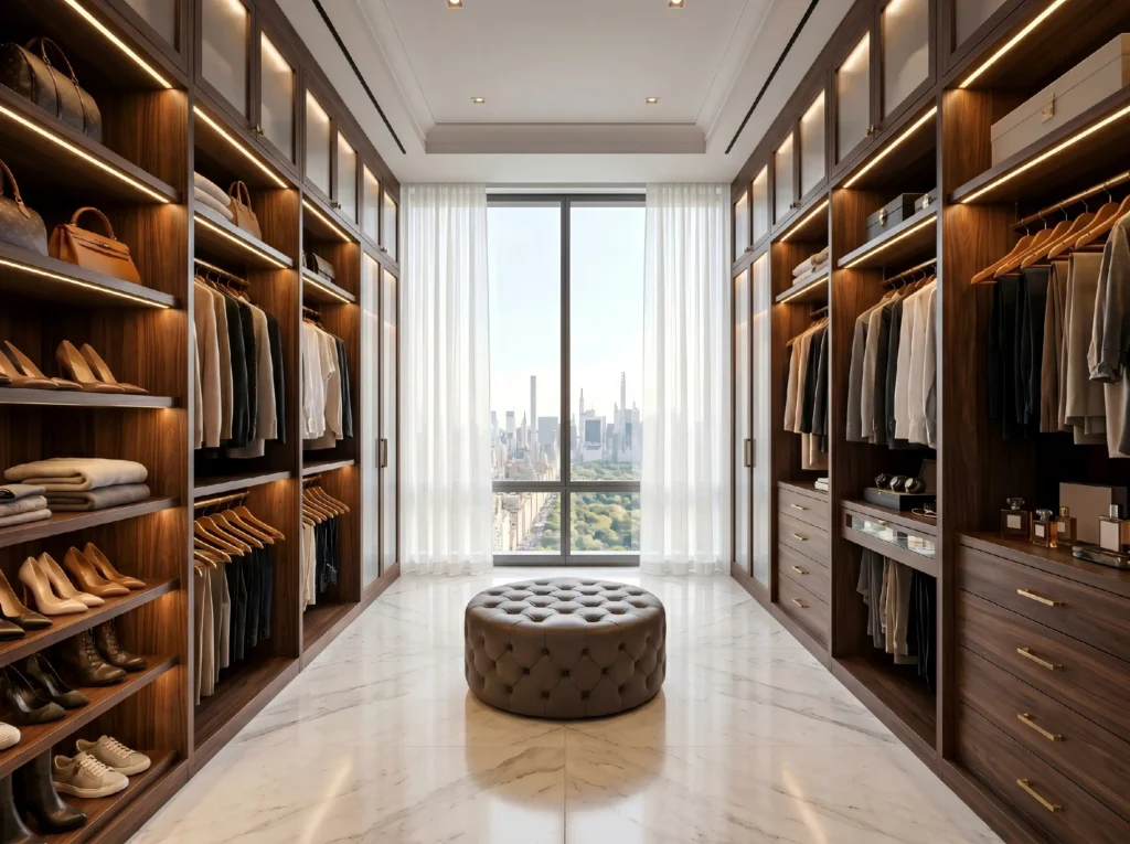 Custom high-end walk-in closet featuring premium wood millwork, integrated LED lighting, and cohesive interior design for luxury developments.