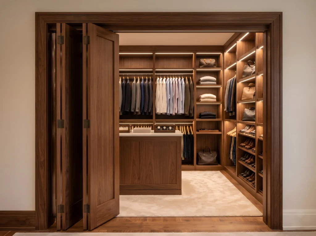 Custom folding door dimensions featuring premium solid wood panels integrated with luxury wardrobe solutions.