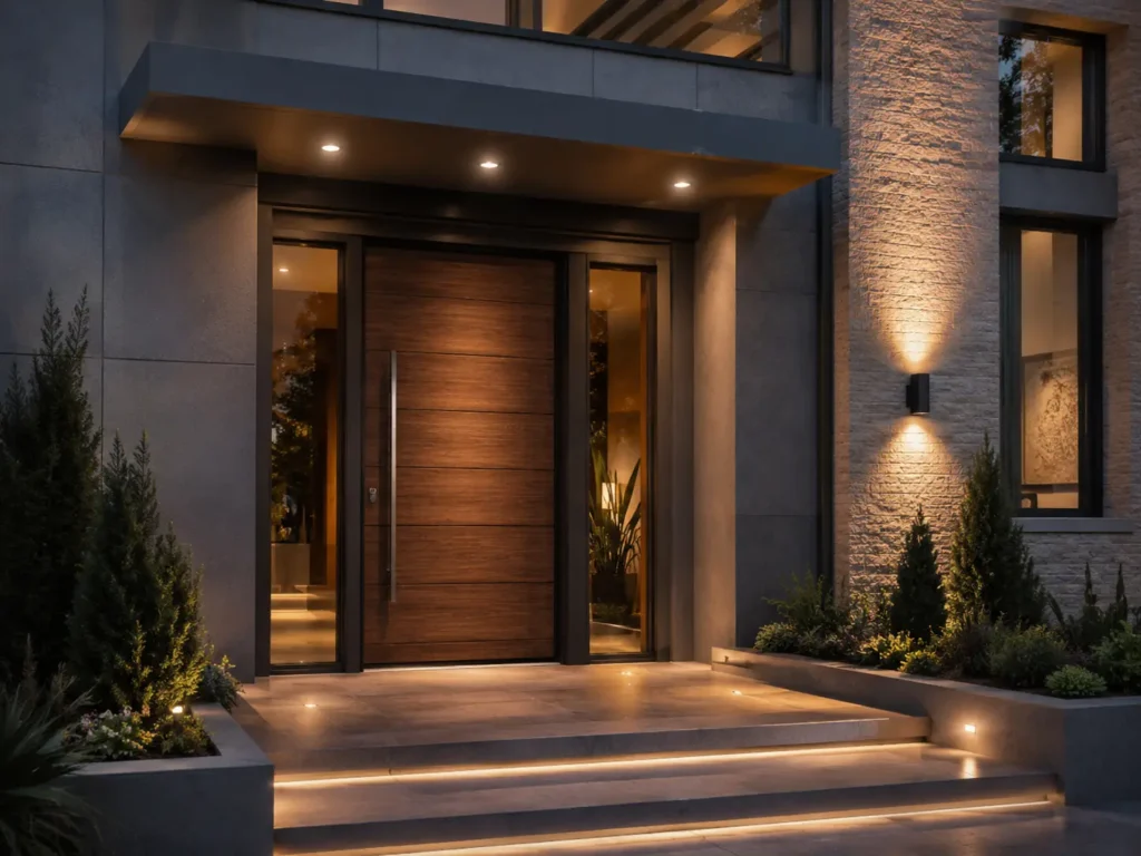 Premium custom steel entry door with a wood-grain finish and side glass panels, enhancing a luxury villa's exterior design and security.