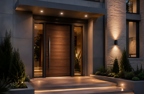 Premium custom steel entry door with a wood-grain finish and side glass panels, enhancing a luxury villa's exterior design and security.