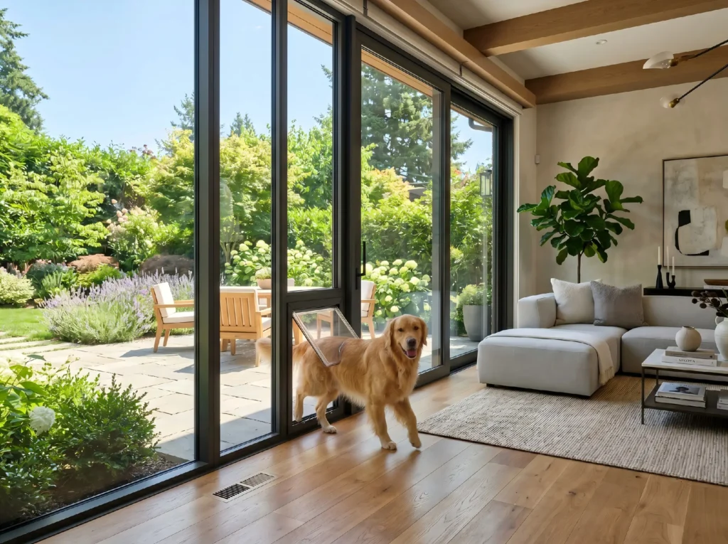 Golden retriever walking through a factory-integrated doggie door installed inside modern luxury glass patio sliding doors overlooking a garden.