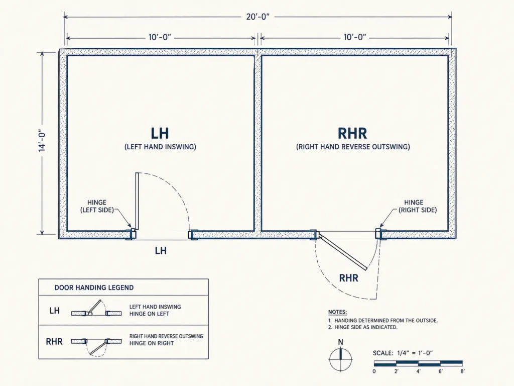 Architectural blueprint and floor plan diagram comparing Left Hand (LH) inswing and Right Hand Reverse (RHR) outswing door configurations.