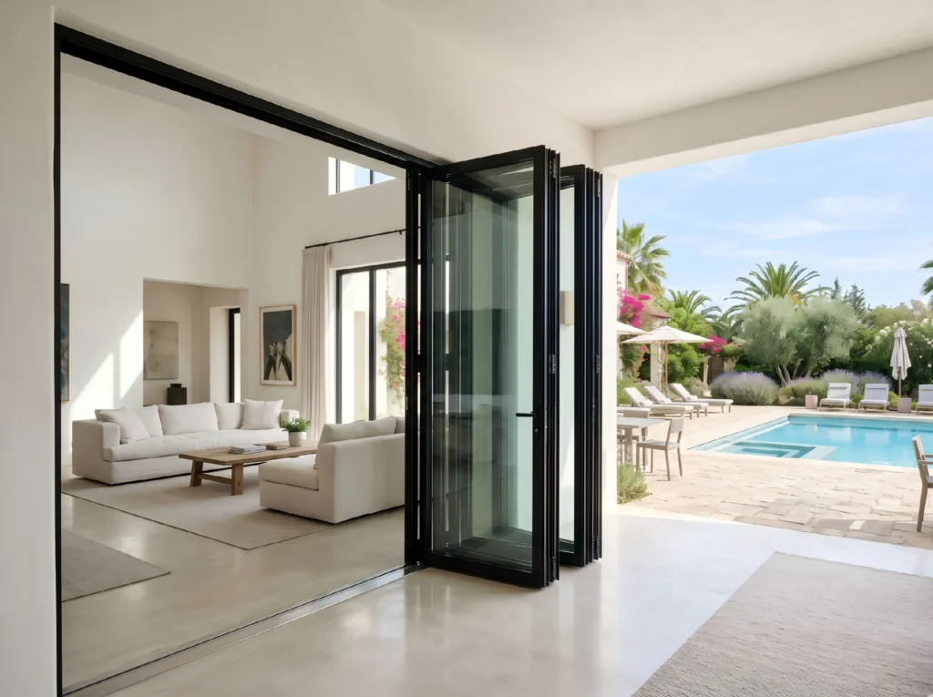 Standard exterior folding glass doors dimensions connecting a modern villa living room to an outdoor pool patio.