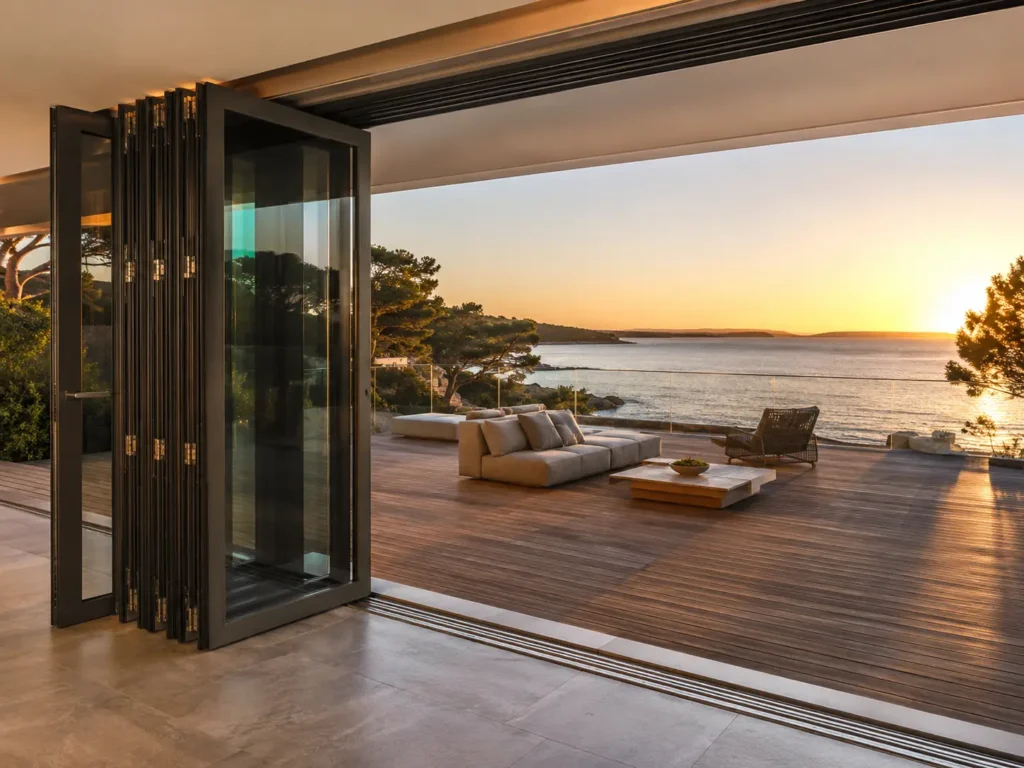 High-quality exterior metal and glass bifold doors partially folded, opening to a deck with outdoor furniture and a stunning ocean sunset view, showing durable hardware and tracks.