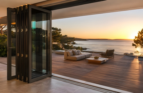 High-quality exterior metal and glass bifold doors partially folded, opening to a deck with outdoor furniture and a stunning ocean sunset view, showing durable hardware and tracks.