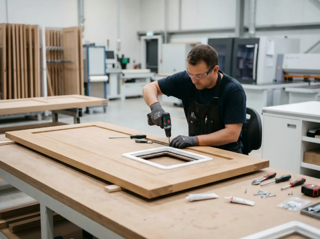 George Homes craftsman manufacturing a solid wood entry door with a precision factory-integrated custom pet door frame to ensure structural integrity.