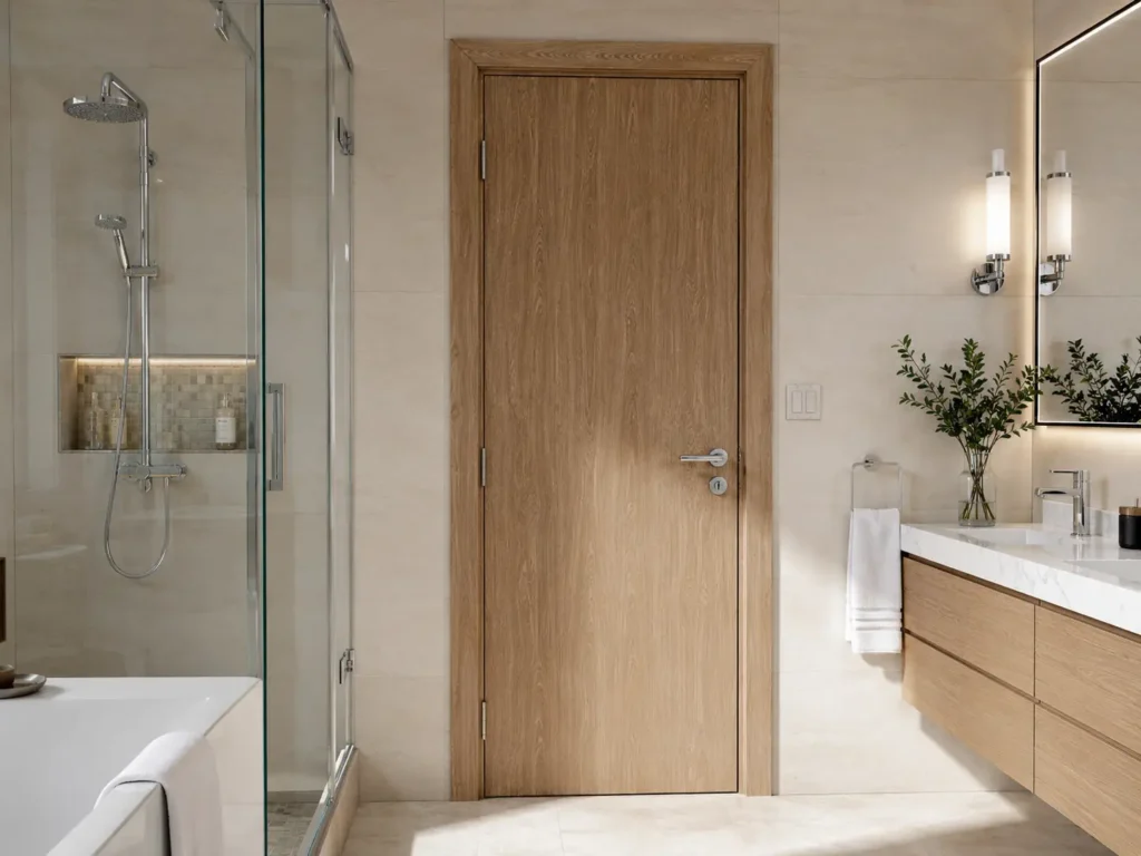 Moisture-resistant fiberglass interior door with light wood grain finish in a modern luxury bathroom.