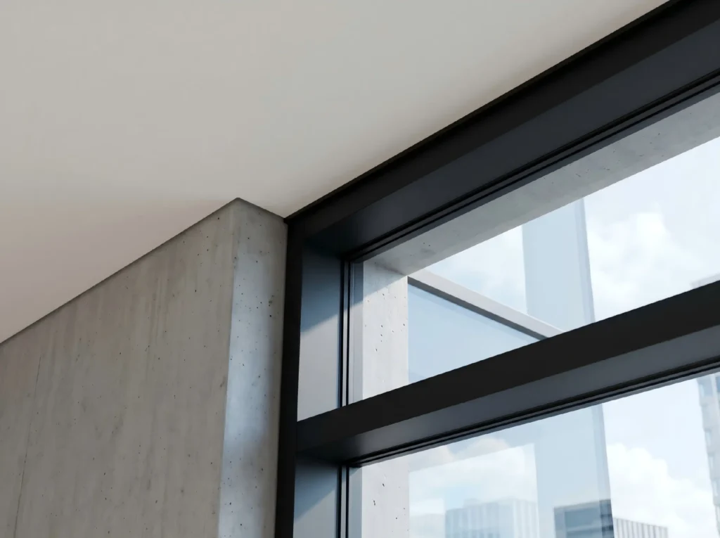 Close-up of a high-performance fixed transom window featuring a black thermal break aluminum frame integrated into a modern concrete commercial building.
